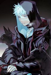  1boy absurdres angra_mainyu_(fate) angra_mainyu_(third_ascension)_(fate) bandages black_eyes black_hoodie blue_eyes collar commentary dark-skinned_male dark_skin fate/grand_order fate/hollow_ataraxia fate_(series) full-body_tattoo highres hood hoodie male_focus mg_(ehme3725) open_mouth short_hair smile solo tattoo 