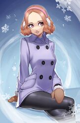  absurdres alternate_costume black_pantyhose brown_eyes brown_hair earmuffs female forehead gloves highres lipstick makeup okumura_haru pantyhose persona persona_5 short_hair snowflakes solo winter_clothes winter_gloves x_xith_x 