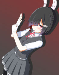  alternate_costume animal_ears azur_lane black_hair black_vest blush commentary_request cosplay diagonal_bangs drop_shadow dutch_angle fake_animal_ears female fingerless_gloves gloves gradient_background grey_skirt hair_ornament hair_over_one_eye hairclip half_updo highres historical_name_connection kantai_collection long_sleeves looking_at_viewer name_connection natsuki-s neck_ribbon open_mouth pleated_skirt rabbit_ears red_eyes red_ribbon ribbon school_uniform shiranui_(azur_lane) shiranui_(kancolle) shiranui_(kancolle)_(cosplay) short_hair skirt vest white_gloves 