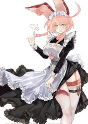  ahoge animal_ears apron blue_eyes breasts bullet clover elphelt_valentine fake_animal_ears female finger_gun found_modori four-leaf_clover garter_straps guilty_gear guilty_gear_xrd heart highres huge_ahoge index_finger_raised large_breasts maid maid_apron maid_headdress open_mouth pink_hair rabbit_ears short_hair simple_background solo thigh_strap thighhighs thighs white_background white_thighhighs 