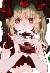  bikini blonde_hair blood blood_bag blush crystal drinking female flandre_scarlet hat highres holding long_hair looking_at_viewer mob_cap niseneko_(mofumofu_ga_ienai) one_side_up pointy_ears red_bikini red_eyes red_hat simple_background solo swimsuit touhou twitter_username upper_body white_background wings 