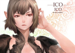  brown_eyes closed_mouth commentary_request dress female ico looking_at_viewer photoshop_(medium) pointy_ears short_hair solo yona_(edenkasuga) yorda 