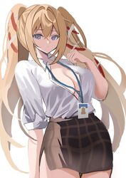  arm_at_side azur_lane blonde_hair blue_eyes breasts brown_skirt chinese_commentary cleavage closed_mouth commentary cowboy_shot crossed_bangs dot_nose female gorizia_(azur_lane) gorizia_(unrequited_office_love?)_(azur_lane) hair_between_eyes hair_ornament highres id_card komuer large_breasts legs_together long_hair looking_back office_lady official_alternate_costume open_clothes open_shirt shirt short_sleeves simple_background skirt solo white_background white_shirt 