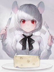  absurdres animal_ears black_bow blush bow chair cheese chinese_zodiac closed_mouth commentary crystalherb dress_shirt female food fork highres holding holding_fork holding_knife knife mouse_ears original photoshop_(medium) plate puffy_short_sleeves puffy_sleeves red_eyes shirt short_hair short_sleeves smile solo upper_body white_hair white_shirt year_of_the_rat 