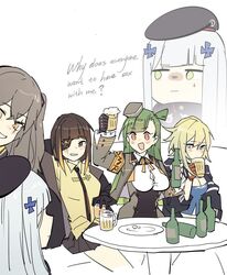  5girls ak-74u_(girls&#039;_frontline) alcohol armband beer beer_mug beret black_headwear blonde_hair blunt_bangs bottle brown_hair cup english_text eyepatch facial_mark g28_(girls&#039;_frontline) girls&#039;_frontline green_eyes green_hair grey_hair hair_ornament harem hat hk416_(girls&#039;_frontline) holding holding_bottle long_hair m16a1_(girls&#039;_frontline) mug multiple_girls orange_armband red_eyes simple_background sitting table ump45_(girls&#039;_frontline) white_background yellow_eyes yuri zocehuy 