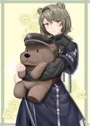  absinthe_(arknights) absurdres animal_ear_fluff animal_ears arknights bear_ears bear_girl chiyo_goya commission female flower grey_hair hat highres holding holding_stuffed_toy jacket logo red_eyes rhodes_island_logo_(arknights) smile solo stuffed_animal stuffed_toy tears teddy_bear yellow_background yellow_flower 