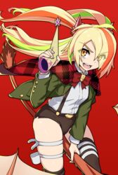  black_legwear blonde_hair broom broom_riding burn_the_witch cape cosplay female light_green_hair long_hair multicolored_hair nikaidou_saki ninny_spangcole ninny_spangcole_(cosplay) orange_hair red_cape shirt streaked_hair tano_asami thighhighs uganda_(ugandam_00) voice_actor_connection white_shirt yellow_eyes zombie_land_saga 