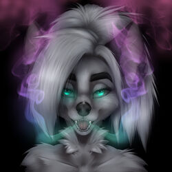  1:1 anthro black_body black_fur blue_eyes canid canine fangs female fox fur hair headshot_portrait hi_res icon mammal multicolored_body multicolored_fur open_mouth open_smile portrait smile solo tasha_lisets tashalisets teeth tongue two_tone_body two_tone_fur white_body white_fur white_hair 