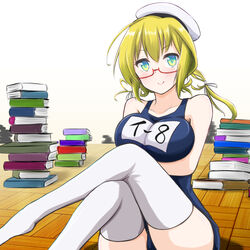  blonde_hair blue_eyes book breasts character_name crossed_legs female floor glasses hat highres i-8_(kancolle) indoors kantai_collection large_breasts looking_at_viewer low_twintails md5_mismatch name_tag no_shoes one-piece_swimsuit peaked_cap red-framed_eyewear sailor_hat school_swimsuit semi-rimless_eyewear shirt sitting solo sosser swimsuit swimsuit_under_clothes thighhighs too_many too_many_books tri_tails twintails under-rim_eyewear white_shirt white_thighhighs 