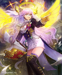  ;d black_coat book breasts cleavage_cutout clothing_cutout coat coattails commentary_request dress fantasy feet_out_of_frame female glasses glowing golden_wings hakou_(barasensou) halo jewelry light_purple_hair long_hair medium_breasts official_art one_eye_closed open_mouth orange_eyes paper pencil_dress pointing shingeki_no_bahamut smile solo standing thighhighs thighs zettai_ryouiki 