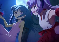  2girls absurdres arm_up armpits blue_hair breasts cloud commentary_request cup detached_sleeves dress drinking_glass full_moon furude_rika hakama hakama_pants hanyuu highres higurashi_no_naku_koro_ni holding horns indoors japanese_clothes long_hair miko moon multiple_girls night night_sky no_bra no_panties open_mouth outstretched_arms pants pink_dress purple_eyes purple_hair red_sleeves shirowa shirt sideboob sitting sky small_breasts smile sundress white_shirt wind window 