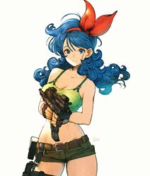  arms_at_sides backlighting bare_shoulders belt black_gloves blue_eyes blue_hair breasts brown_belt collarbone commentary_request cowboy_shot crop_top curly_hair dragon_ball dragon_ball_(classic) eyelashes fanny_pack female fingerless_gloves gloves green_shorts green_tank_top gun h&amp;k_mp7 hair_between_eyes hair_over_one_eye hair_ribbon happy highres holding holding_gun holding_weapon kuroimori large_breasts legs_apart long_hair looking_at_viewer lunch_(dragon_ball) lunch_(good)_(dragon_ball) midriff out_of_character red_ribbon ribbon shaded_face short_shorts shorts signature simple_background smile solo spaghetti_strap submachine_gun tank_top thigh_gap weapon white_background 