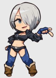  angel_(kof) chaps chibi crop_top cropped_jacket female fingerless_gloves full_body gloves hair_over_one_eye ibara. midriff navel solo the_king_of_fighters white_hair 