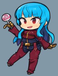  blue_hair bodysuit candy chibi female food full_body gloves ibara. kula_diamond lollipop long_hair red_eyes solo the_king_of_fighters tsurime 