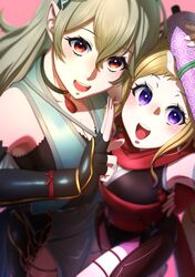  2girls aduti_momoyama alternate_costume armor blonde_hair corrin_(female)_(fire_emblem) corrin_(female)_(ninja)_(fire_emblem) corrin_(fire_emblem) elise_(fire_emblem) elise_(ninja)_(fire_emblem) fingerless_gloves fire_emblem fire_emblem_fates fire_emblem_heroes gloves grey_hair highres japanese_armor long_hair looking_at_viewer multiple_girls ninja official_alternate_costume open_mouth pointy_ears purple_eyes red_eyes upper_body 