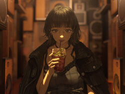  bare_arms black_camisole black_choker black_hair black_jacket blurry blurry_background camisole choker closed_mouth collarbone commentary cup drink drinking_glass drinking_straw female glasses grey_eyes highres holding holding_drink indoors jacket jacket_on_shoulders lips looking_at_viewer original red_nails short_hair solo speaker upper_body wang-xi 