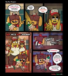  anthro big_bun_burgers bodily_fluids brown_hair claire_(ponehanon) clothing crying dale_(ponehanon) dun_(ponehanon) english_text fast_food female food george_(ponehanon) hair hat headgear headwear hi_res human lagomorph leporid male mammal ponehanon rabbit red_eyes suspenders tears text text_on_clothing text_on_hat text_on_headwear work_clothes work_uniform 