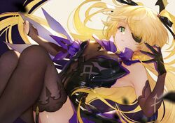  bare_shoulders black_thighhighs blonde_hair bridal_gauntlets corset eyepatch female fischl_(genshin_impact) garter_straps genshin_impact gloves green_eyes hair_ornament hair_over_one_eye hair_ribbon long_hair nido_celisius purple_ribbon purple_skirt ribbon single_glove skirt solo thighhighs two_side_up 