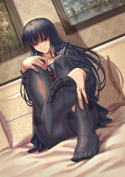  black_hair black_pantyhose black_serafuku commentary feet female highres long_hair looking_at_viewer nairobi_song no_shoes original panties panties_under_pantyhose pantyhose photoshop_(medium) red_eyes school_uniform serafuku soles solo thighs toes underwear 