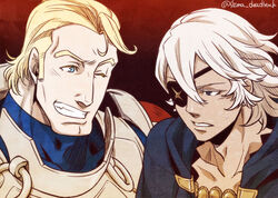  2boys armor arthur_(fire_emblem_fates) blonde_hair blue_eyes clenched_teeth eyepatch fire_emblem fire_emblem_fates grey_hair male_focus medium_hair multiple_boys niles_(fire_emblem) one_eye_closed shima_deadstock teeth turtleneck upper_body 