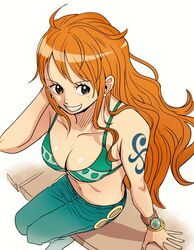  arm_tattoo bare_shoulders bikini bikini_top_only breasts brown_eyes cleavage collarbone commentary_request earrings female floating_hair from_above green_pants grin hand_up jewelry living_(pixiv5031111) log_pose long_hair looking_to_the_side medium_breasts nami_(one_piece) navel one_piece orange_hair pants photoshop_(medium) sidelocks sitting smile solo stomach swimsuit tattoo 