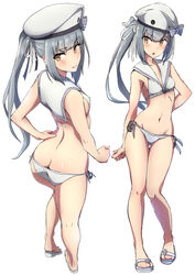  anchor ass beret bikini breasts comala_(komma_la) cosplay female grey_hair hat highres kantai_collection kasumi_(kancolle) multiple_views navel sailor_bikini sailor_collar side-tie_bikini_bottom side_ponytail simple_background small_breasts string_bikini swimsuit yellow_eyes z3_max_schultz_(kancolle) z3_max_schultz_(kancolle)_(cosplay) z3_max_schultz_(swimsuit_mode)_(kancolle) 