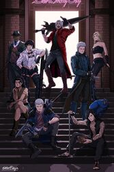  3girls 5boys arm_tattoo blue_coat boots cane coat dante_(devil_may_cry) devil_may_cry_(series) devil_may_cry_5 devil_sword_dante doorway fingerless_gloves full-body_tattoo gloves griffon_(devil_may_cry_5) highres holding holding_cane j.d._morrison kalina_ann_(weapon) lady_(devil_may_cry) mechanical_arms multiple_boys multiple_girls neon_lights nero_(devil_may_cry) nico_(devil_may_cry) over_shoulder red_queen_(sword) sandals single_mechanical_arm stairs stelarpidgin sword tattoo trish_(devil_may_cry) v_(devil_may_cry) vergil_(devil_may_cry) weapon weapon_over_shoulder yamato_(sword) 