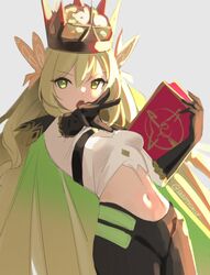  black_gloves black_pants blonde_hair book breasts butterfly_hair_ornament cape celine_(fire_emblem) commentary crop_top crown female fire_emblem fire_emblem_engage gloves green_eyes grey_background hair_between_eyes hair_ornament holding holding_book long_hair looking_at_viewer midriff navel official_alternate_costume open_mouth outstretched_arm pants sage_outfit_(fire_emblem_engage) skeptycally small_breasts solo symbol-only_commentary twitter_username very_long_hair 