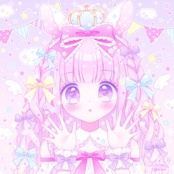  :o animal_ears bare_shoulders blue_bow blush bow braid commentary crown diagonal_stripes female frilled_bow frills hairbow hands_up himetsuki_luna long_hair looking_at_viewer mini_crown original parted_lips pennant pink_bow pink_hair polka_dot purple_background purple_hair rabbit_ears signature solo string string_of_fate striped upper_body vertical_stripes wrist_cuffs yellow_bow 