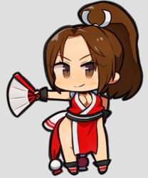  breasts brown_hair chibi cleavage fatal_fury female folding_fan full_body hand_fan ibara. long_hair pelvic_curtain ponytail revealing_clothes shiranui_mai solo the_king_of_fighters 