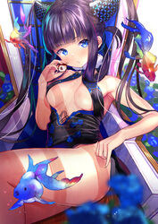  armpits atori bare_arms bare_shoulders black_dress black_hair blue_eyes blurry breasts commentary_request covered_nipples depth_of_field dress fate/grand_order fate_(series) female fish food fruit hair_ornament highres holding long_hair looking_at_viewer lychee medium_breasts parted_lips sleeveless sleeveless_dress solo thighs twintails yang_guifei_(fate) yang_guifei_(second_ascension)_(fate) 