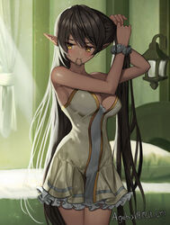  adjusting_hair armpits bare_shoulders bed bedroom black_hair breasts cleavage closed_mouth commentary commentary_typo curtains dark-skinned_female dark_elf dark_skin dress elf female grey_scrunchie large_breasts long_hair looking_to_the_side mouth_hold original pillow pointy_ears scrunchie solaris_(sinhyg) solo standing thighs very_long_hair white_dress wrist_scrunchie yellow_eyes 