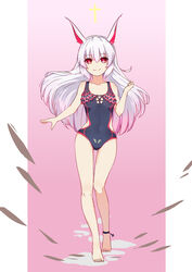  7t absurdres animal_ears anklet barefoot closed_mouth cross female fox_ears full_body hair_between_eyes highres honkai_(series) honkai_impact_3rd jewelry long_hair looking_at_viewer one-piece_swimsuit pink_background pink_eyes pink_hair solo standing swimsuit theresa_apocalypse theresa_apocalypse_(sakuno_rondo) toes walking white_background 