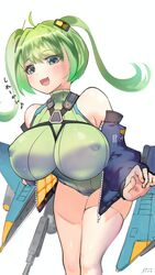  :3 absurdres blush breasts female green_eyes green_hair highres huge_breasts jacket last_origin leotard lindwurm_(last_origin) long_hair looking_at_viewer open_mouth ribbed_leotard simple_background single_thighhigh smile solo soranooekakiaka thighhighs translated twintails white_background 