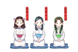  3girls black_hair blue_sash braid brown_hair butterfly_hair_ornament buttons closed_mouth collar collared_dress commentary_request dress full_body green_sash hair_intakes hair_ornament kimetsu_no_yaiba lolicon long_hair long_sleeves looking_at_viewer low_twintails motsushi multiple_girls nakahara_sumi own_hands_together parted_bangs pillow pink_sash sash seiza short_hair simple_background sitting smile solid_circle_eyes straight_hair takada_naho terauchi_kiyo translation_request twin_braids twintails white_background white_dress 