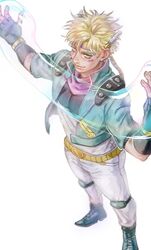  1boy battle_tendency blonde_hair bubble caesar_anthonio_zeppeli facial_mark feather_hair_ornament feathers fingerless_gloves from_above gloves green_eyes green_jacket hair_ornament headband homil22 hydrokinesis jacket jojo_no_kimyou_na_bouken knee_pads korean_commentary male_focus pink_scarf scarf solo triangle_print water 