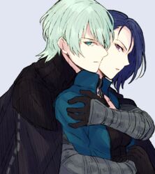  1boy akasata alternate_hair_color aqua_eyes armor asymmetrical_hair black_armor black_gloves blue_hair byleth_(fire_emblem) byleth_(male)_(fire_emblem) choker collarbone enlightened_byleth_(male) female fire_emblem fire_emblem:_three_houses from_side gloves green_hair green_jacket grey_background hug hug_from_behind jacket looking_at_viewer purple_eyes shamir_nevrand short_hair simple_background smile upper_body vambraces 