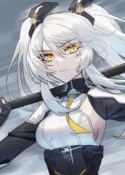  absurdres breasts closed_mouth cloud cloudy_sky detached_sleeves female grey_hair hair_between_eyes highres holding holding_polearm holding_weapon karenina:_scire_(punishing:_gray_raven) karenina_(punishing:_gray_raven) kongbai_huanxiang long_hair long_sleeves necktie orange_eyes polearm punishing:_gray_raven sideboob sidelocks sky small_breasts solo two_side_up weapon yellow_necktie 