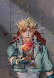  1boy battle_tendency blonde_hair blood blood_on_clothes blood_on_face bubble caesar_anthonio_zeppeli dated facial_mark feather_hair_ornament feathers fingerless_gloves gloves green_eyes green_jacket hair_ornament headband homil22 hydrokinesis jacket jojo_no_kimyou_na_bouken korean_commentary lying male_focus on_back pool_of_blood smile solo tears water 