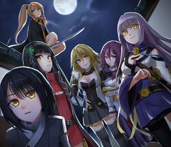  6+girls armor bad_id bad_pixiv_id bare_shoulders belt blonde_hair blunt_bangs bob_cut braid choker chrysanthemum closed_mouth cloud cloudy_sky detached_collar detached_sleeves flower full_moon fur_trim hair_intakes hair_ornament holding holding_sword holding_weapon izumi-no-kami_kanesada_(tenka_hyakken) jacket japanese_armor japanese_clothes kashuu_kiyomitsu_(tenka_hyakken) katana kijinmaru_kunishige_(tenka_hyakken) kiku_ichimonji_norimune kote kurofuti long_hair long_sleeves low_twin_braids moon multiple_girls nagasone_kotetsu_(tenka_hyakken) open_clothes open_jacket orange_eyes orange_hair parted_lips ponytail purple_hair red_eyes shinsengumi short_hair sidelocks sitting skirt sky standing sword tenka_hyakken tile_roof twin_braids weapon wide_sleeves yamato-no-kami_yasusada_(tenka_hyakken) yellow_eyes 