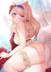  animal_ears ass babydoll back blonde_hair blue_eyes blue_hairband blush breasts camisole commentary commission curtains feet_out_of_frame female from_behind hair_ribbon hairband highres long_hair looking_at_viewer looking_back lying medium_breasts on_bed on_side original parted_lips pillow red_ribbon ribbon skeb_commission solo swept_bangs tail thigh_strap thighs translated yellow_camisole ygcn 