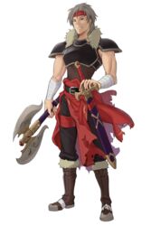  1boy armor axe belt boots brown_eyes ebinku english_commentary fire_emblem fire_emblem:_thracia_776 full_body fur_trim galzus_(fire_emblem) grey_hair headband highres male_focus solo sword teeth torn_clothes weapon white_background 