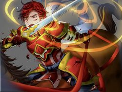  1boy armor cain_(fire_emblem:_shadow_dragon) fire_emblem fire_emblem:_shadow_dragon fire_emblem_heroes holding holding_sword holding_weapon horseback_riding incoming_attack male_focus open_mouth red_eyes red_hair riding short_hair sword tankei_fm upper_body weapon 