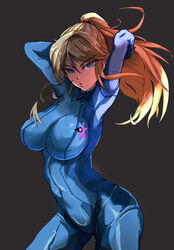  alternate_breast_size arms_up blonde_hair blue_bodysuit bodysuit breasts covered_navel cowboy_shot female floating_hair green_eyes grey_background high_ponytail highres impossible_bodysuit impossible_clothes large_breasts lipstick long_hair long_sleeves looking_at_viewer makeup metroid mole mole_under_mouth parted_lips samus_aran sidelocks simple_background skin_tight solo yamabuki_ryuu zero_suit 