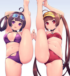  2girls :d :o ahoge arm_up armpits ass_visible_through_thighs azur_lane bare_arms bare_legs bare_shoulders barefoot bikini black_ribbon blunt_bangs blush breasts brown_hair chingisu cleavage collarbone eyewear_on_head grey_background hair_rings hairpods leg_up long_hair looking_at_viewer medium_breasts multiple_girls navel ning_hai_(azur_lane) ning_hai_(summer_hunger)_(azur_lane) official_alternate_costume open_mouth parted_lips ping_hai_(azur_lane) ping_hai_(summer_vacation)_(azur_lane) purple_bikini purple_eyes purple_hair red_bikini red_eyes ribbon side-tie_bikini_bottom simple_background small_breasts smile split standing standing_on_one_leg standing_split stomach sunglasses swimsuit twintails very_long_hair visor_cap white-framed_eyewear 