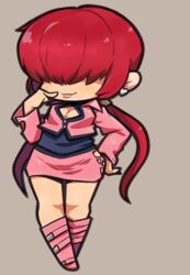  chibi cleavage_cutout clothing_cutout earrings female full_body hair_over_eyes hand_on_own_face hand_on_own_hip ibara. jewelry red_hair shermie_(kof) solo the_king_of_fighters twintails 