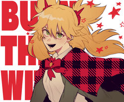  absurdres blonde_hair bow burn_the_witch cape collared_shirt copyright_name female green_eyes highres jacket looking_at_viewer ninny_spangcole open_clothes open_jacket red_cape shirt star_(symbol) twintails wazuri_(nami) white_shirt 