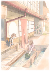  2girls :d absurdres bamboo_screen braid brown_hair dated downspout drainpipe flower flower_pot food fruit highres japanese_clothes kimono kneeling morning_glory multiple_girls original outdoors painting_(medium) plant porch potted_plant scenery short_hair smile t0dayscolor traditional_media water watercolor_(medium) watermelon window yukata 