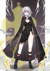  7t absurdres black_dress black_footwear blue_eyes boots breasts brown_background cape cleavage closed_mouth crack cross_(weapon) dress female full_body hair_between_eyes half-closed_eyes highres holding holding_weapon hologram honkai_(series) honkai_impact_3rd looking_at_viewer looking_back no_panties oath_of_judah polearm side_ponytail small_breasts solo spear standing theresa_apocalypse torn_cape torn_clothes torn_dress weapon white_background white_hair 