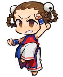  armpits bell braid brown_hair chibi chinese_clothes fatal_fury female full_body hair_bell hair_ornament ibara. li_xiangfei solo standing standing_on_one_leg the_king_of_fighters twin_braids 